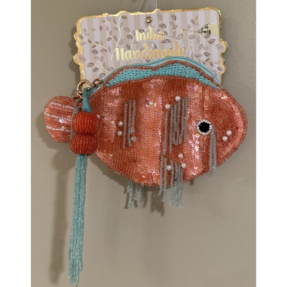 Made in India Handmade Beaded Tasseled Fish Shaped Nautical Pouch Rare
